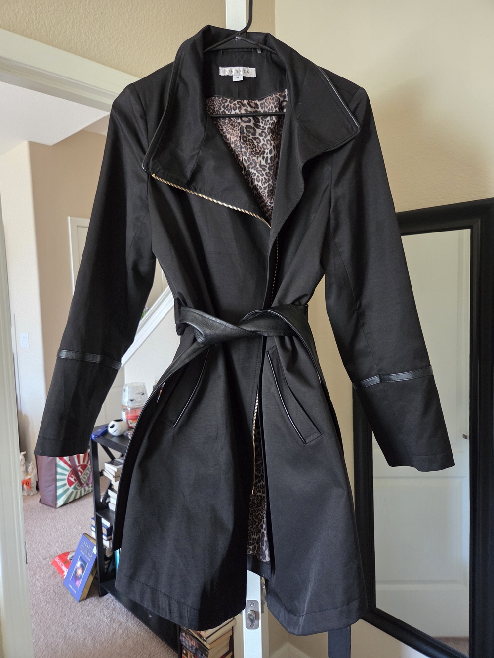 Via Spiga Black Trench Coat with Leopard Lining
